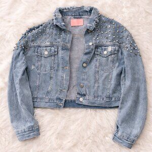 Azalea Wang Studded Cropped Denim Jacket Distressed Punk Style Size XL